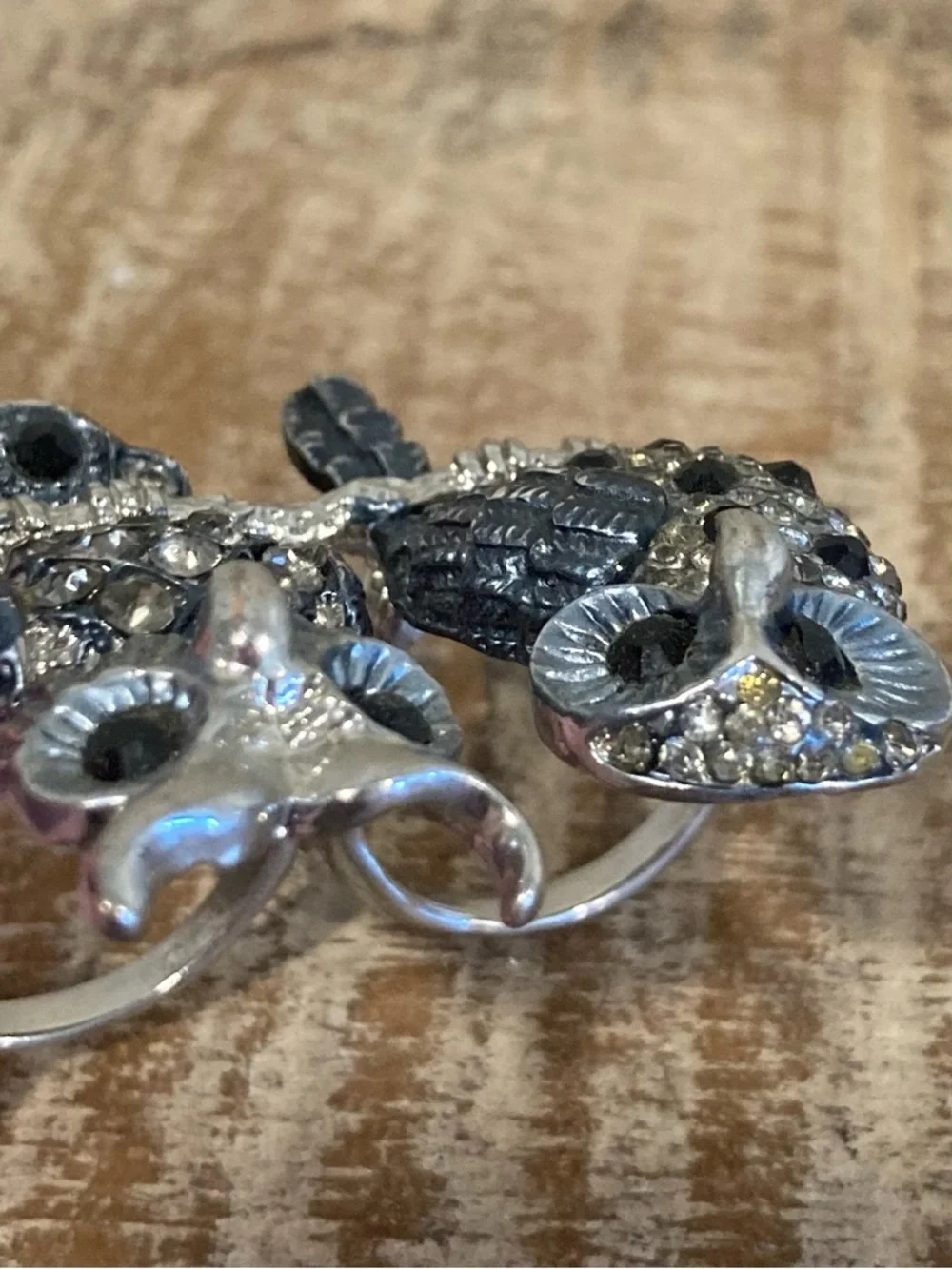 Double Owl Ring with Black Accents Silver Tone